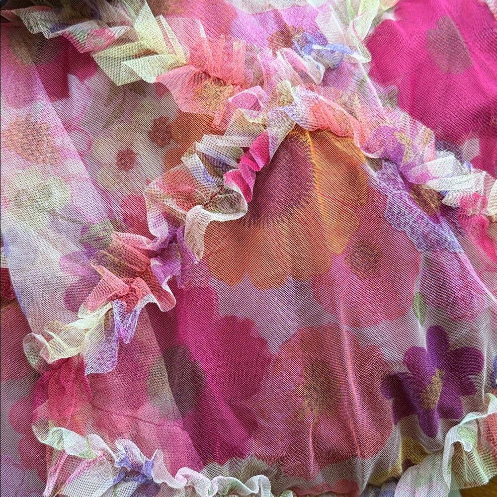 Floral Embroidered Ruffle Tulle Dress in Burgundy & Multicolor - Picture 5 of 5